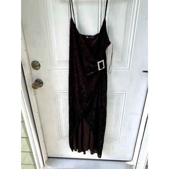 Zara Dresses & Skirts - Zara Velvet Feel Printed Asymmetrical Dress with Side Buckle Size Large